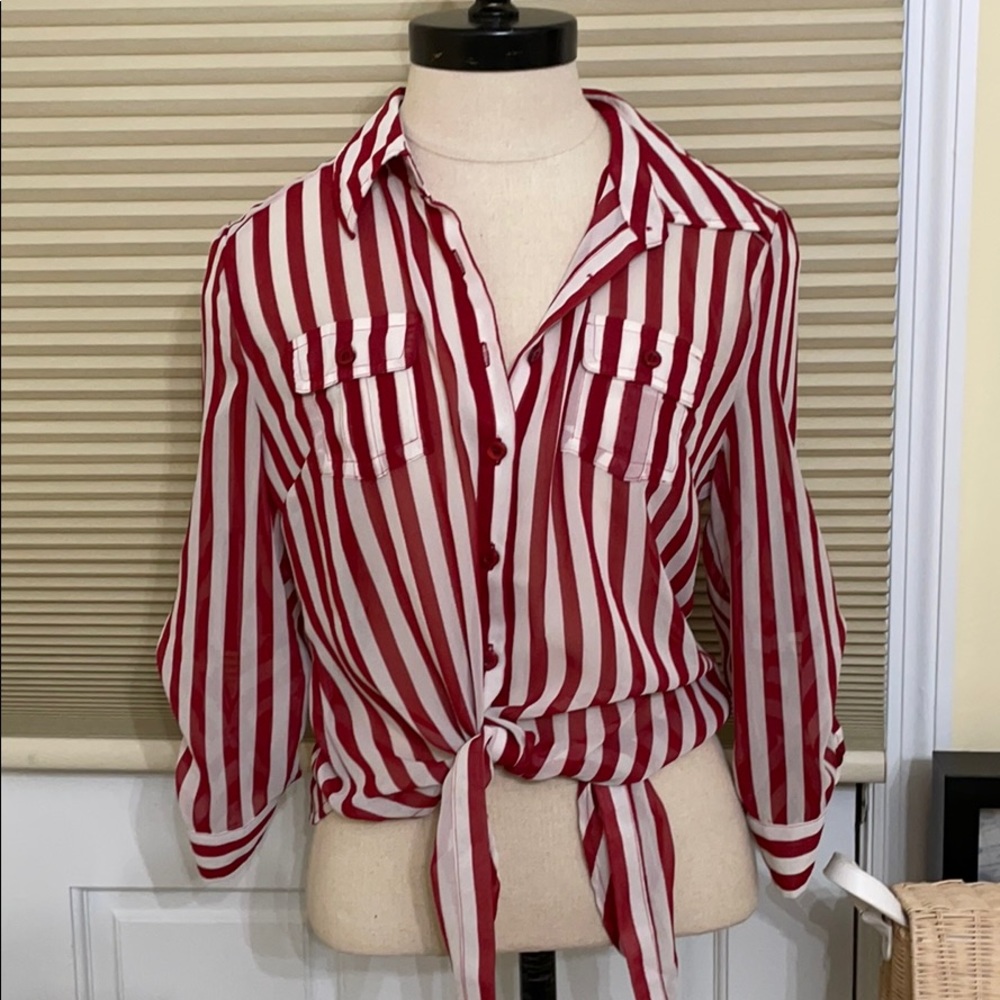 Red & White Stripped Long Sleeve Blouse